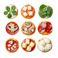 Wall Mural - Delicious mini pizzas topped with various ingredients like cheese, pepperoni, mushrooms, and spinach, perfect for snack or party platter