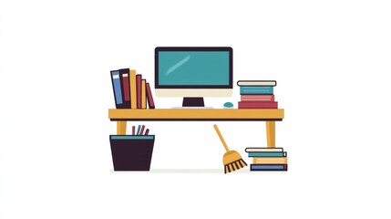 Poster - Clean office desk with computer, books, and broom; ready for work