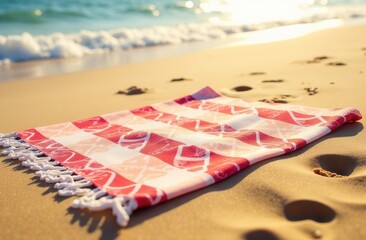 Red and white beach towel on sandy shore near ocean waves at sunset