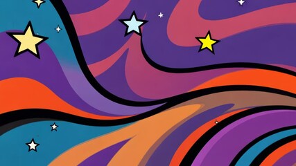 Poster - A colorful background with purple and orange waves and stars. The stars are scattered throughout the background