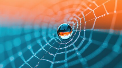 A close-up view of a spider web adorned with a water droplet, showcasing intricate patterns and vibrant colors.