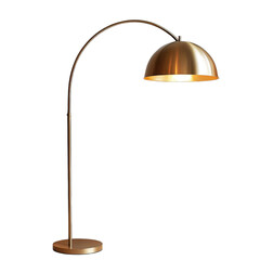 Poster - Modern floor lamp with curved design and metallic finish, perfect for stylish lighting in any room. Its elegant shape adds touch of sophistication to your decor