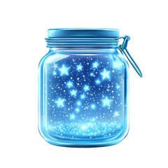 Poster - glowing jar filled with sparkling stars and blue light creates magical atmosphere. This enchanting image evokes feelings of wonder and imagination