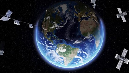 Poster - Planet earth majestically rotates in the vast expanse of space, surrounded by a network of orbiting satellites, gracefully moving in slow motion against a backdrop of distant stars