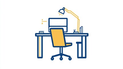 Poster - Office workspace illustration, modern desk, chair, lamp, computer. Simple design for use in business presentations or websites