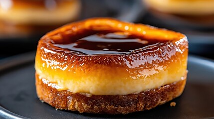 Delicious golden creme brulee with a glossy caramelized sugar crust and creamy custard, presented in inviting warm light