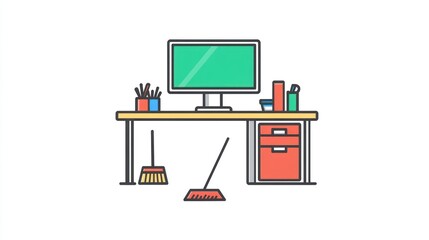 Poster - Clean office desk, computer, supplies, brooms, work