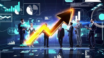 Poster - Businesspeople are discussing company growth, represented by a large golden upward arrow, with digital charts and graphs displayed in the background in slow motion