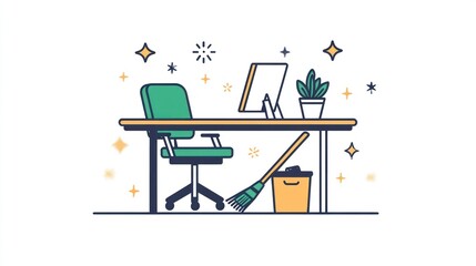 Poster - Clean office desk, broom, plant; sparkling background; work space organization