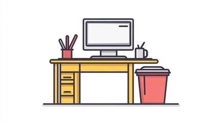 Poster - Clean office desk, computer, work, supplies, minimalist background, website illustration