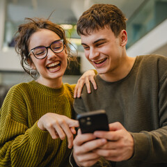 Wall Mural - happy excited young couple use cellphone in the modern cafe