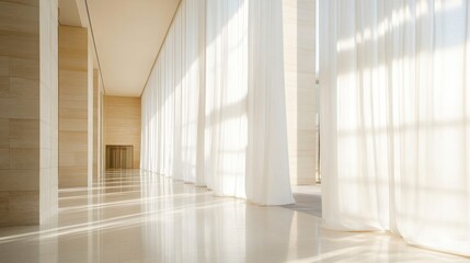 Sticker - A long hallway with white curtains hanging from the ceiling