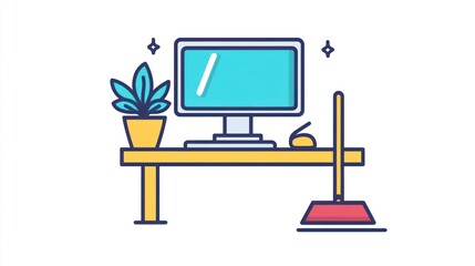 Poster - Clean desk, computer, plant, broom, office