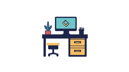 Fototapete - Desk, computer, plant, office, work, home, design, illustration, productivity