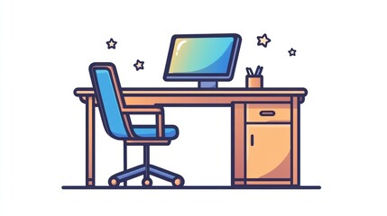 Poster - Modern office desk, computer, chair, workspace, productivity, background stars