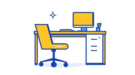 Poster - Modern office desk with chair and computer, simple graphic illustration for use in presentations or websites