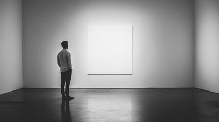 On the wall of an art gallery, a large empty white rectangle hangs vertically, with a man standing next to it, studying it