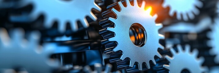 Poster - Close-up View of Interlocking Metal Gears and Machinery Components, Industrial Background