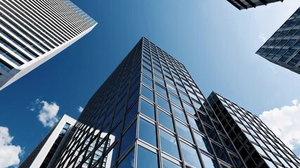 Poster - Glass skyscrapers reflecting blue sky and clouds create a powerful image of modern architecture and urban development, captured in a slow motion sequence