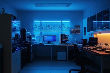 Poster - a modern genetics lab with sequencing machines, computers, a laboratory featuring a desk equipped wi