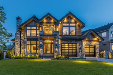 Wall Mural - Beautiful house in the city of Vancouver, British Columbia, and a well-lit front yard at night