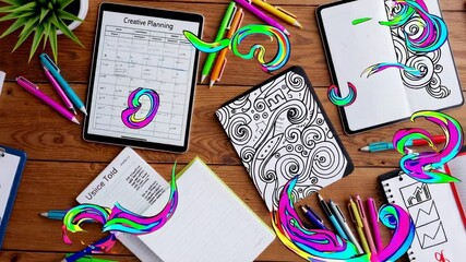 Poster - Vibrant, colored smoke gently rising from an open notebook, surrounding stationery and digital tablet on wooden workspace, symbolizing creative thinking and innovative ideas