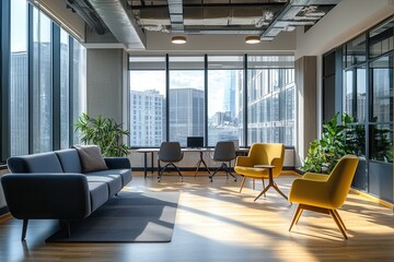 Poster - A modern downtown office with sleek interiors, ergonomic furniture, and large windows offering stunning views of the city .
