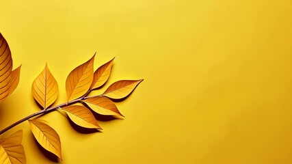 Fototapete - A yellow background with a leaf on it. The leaf is yellow and has a brown stem. The leaf is on the right side of the background