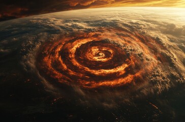 Wall Mural - the Earth with red and orange swirls around it, a massive tornado in space