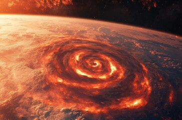 Wall Mural - the Earth with red and orange swirls around it, a massive tornado in space