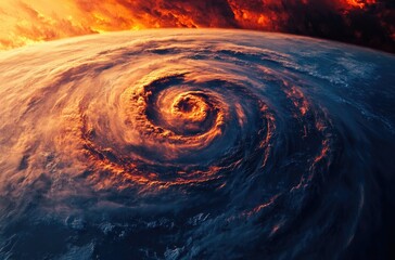 Wall Mural - the Earth with red and orange swirls around it, a massive tornado in space