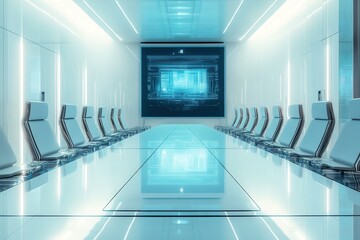 Poster - A modern conference room with a long glass table, sleek chairs, and a large digital screen. A conference table surrounded by chairs, featuring a projector screen in the background .