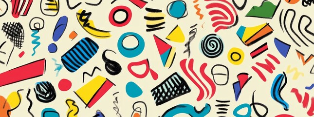 Wall Mural - An assortment of lively crayon sketches, geometric shapes, simple lines, and primitive figures. These modern hand-drawn stickers include abstract forms with a pencil texture, along with adorable