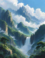 Wall Mural - Majestic Waterfall in a Mountainous Landscape