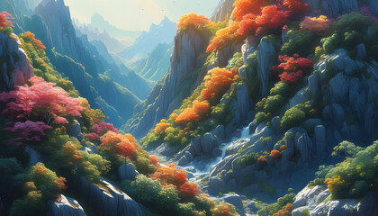 Wall Mural - Autumn mountain landscape with a waterfall