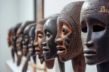 Wall Mural - A row of African masks, each with unique designs and colors, displayed in an art gallery or market stall.