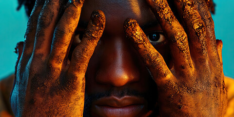 Wall Mural - Portrait of Man with Dirt-Covered Hands Obscuring Face