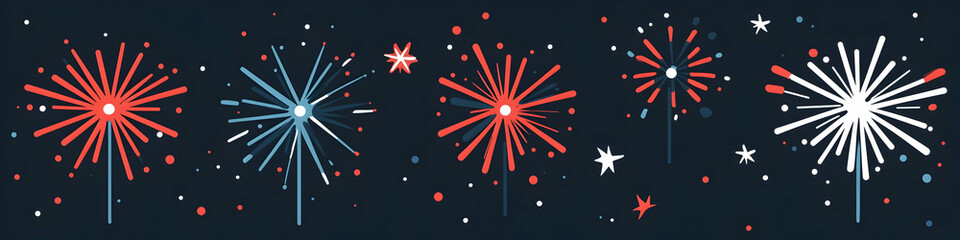 Poster - Flat vector fireworks, a simple flat illustration with a blue, red, and white color palette on a dark background