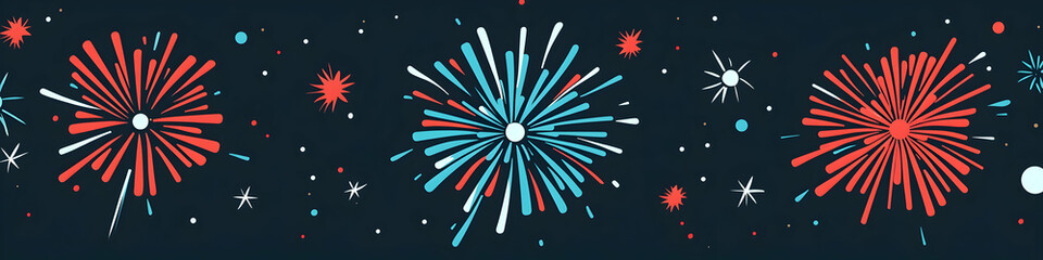 Poster - Flat vector fireworks, a simple flat illustration with a blue, red, and white color palette on a dark background