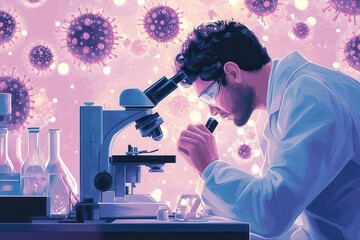 Poster - a medical laboratory scene featuring a scientist examining virus samples under a microscope,