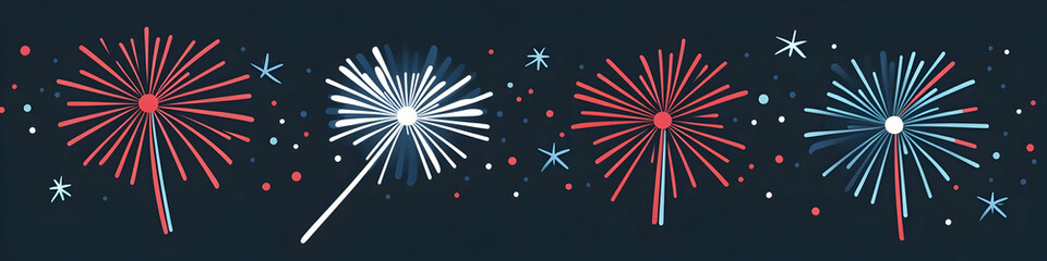 Poster - Flat vector fireworks, a simple flat illustration with a blue, red, and white color palette on a dark background