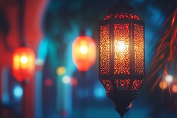 Wall Mural - Ornate lantern illuminating a vibrant night market with colorful lights