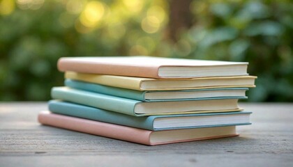 Colorful book stack on wooden surface with green blur