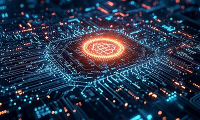 Poster - Glowing Orange and Blue Digital Circuitry Network