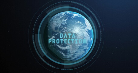 Poster - Rotating Earth with digital interface image over space background
