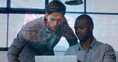 Poster - Business data analysis image over two men working on laptop in office