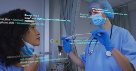 Poster - Medical data processing image over healthcare professionals conducting throat swab test