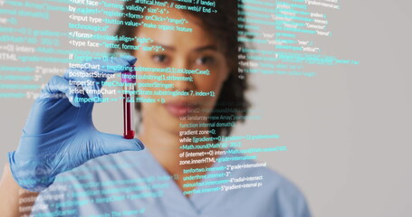 Poster - Holding test tube, scientist analyzing code image over laboratory background