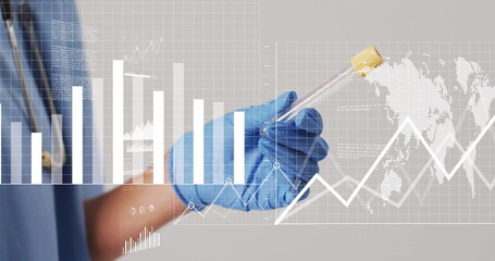 Aufkleber - holding test tube, gloved hand with scientific data analysis image
