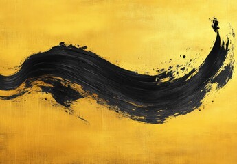 Poster - Abstract Black Brush Stroke on Vibrant Golden Background Creating an Elegant and Modern Artistic Impression for Various Design Projects